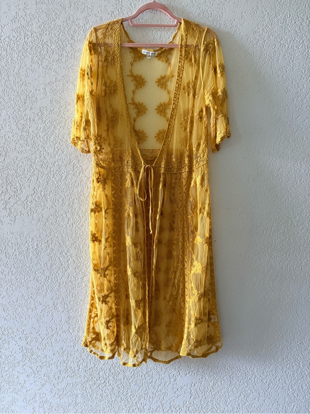 Woven Heart Mustard Yellow Sheer Embroidered Robe